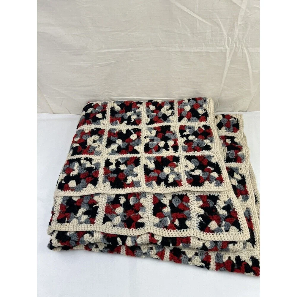VTG Handmade Afghan Grannycore Squares Crochet Sofa Lap Throw Blanket 63” X‎ 37”
